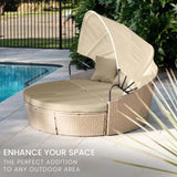 LONDON RATTAN 3pc Day Bed Round Lounge Outdoor Furniture, Beige Wicker and Canopy V219-OTDOSLLRDB4A