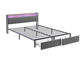 Double Bed Frame with 2 Storage Drawers and LED Lights Headboard, Upholstered Bed Frame with V1127-AU-2452DB-GRY