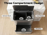 Cefito 63L Rubbish Bin 3 Compartment Stainless Steel Split Door Trash Can Silver RB-63L-3C-SI