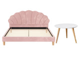 Artiss Double Bed Frame and Round Coffee Table Set Pink Velvet Bedhead with Wooden Side Table BFRAME-SET-COFI338-WD