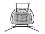 Gardeon Outdoor Swing Chair 2 Seater with Stand Cushion Rattan Patio Furniture HM-EGG-FOLD-D-GREY