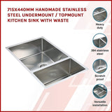 715x440mm Handmade Stainless Steel Undermount / Topmount Kitchen Sink with Waste V63-770035