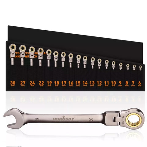 HORUSDY 18Pc Flexi-Head Ratchet Spanner Set Metric 6-30mm Spanners Nickle Plated V465-86471