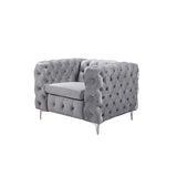Single Seater Grey Sofa Classic Armchair Button Tufted in Velvet Fabric with Metal Legs V43-SOF-JAQS1SGR