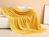 Yellow Elegant Openwork Knitted Throw with Tassels - 130x230cm Large Decorative Soft Sofa V888-ELOSUNG51001