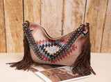 Bohemian Style Canvas Hobo Bag with Tassels & Geometric Print - Large Capacity Shoulder Bag V888-ELOSUNG29788