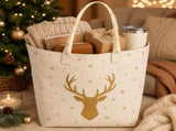 Elegant Gold Reindeer Snowflake Tote Bag, Holiday Large Everyday Carry Handbag, Spacious Structured V1192-AZ-W-24668
