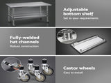 Cefito 1524x762mm Stainless Steel Kitchen Bench w/ Splashback Work Table Prep Bench Commercial 430 SSKB-430S-WHEEL-60-30