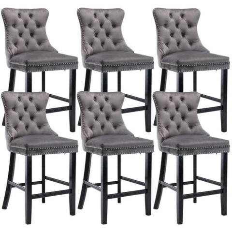 6X Velvet Bar Stools with Studs Trim Wooden Legs Tufted Dining Chairs Kitchen V226-SW1802GY-3