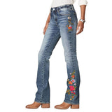 Women'S Floral Embroidery Mid Waist Mid Stretch Bootcut Jeans with Pockets Blue M V1192-AZ-W-20810