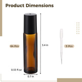 64PCS Amber Glass Roller Bottles Set, 0.33 fl oz Refillable Essential Oil Roller Bottles Set with V1369-AZ3-W-08796