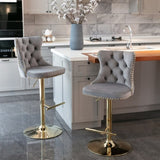 4x Height Adjustable Swivel Bar Stool Velvet Studs Barstool with Footrest and Golden Base- Grey V226-SW1912GY-2