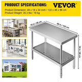Stainless Steel Prep Table, 122 x 46 x 86 cm, 250kg Load Capacity Heavy Duty Metal Worktable with V952-J48X18X34INCH1I8LV0