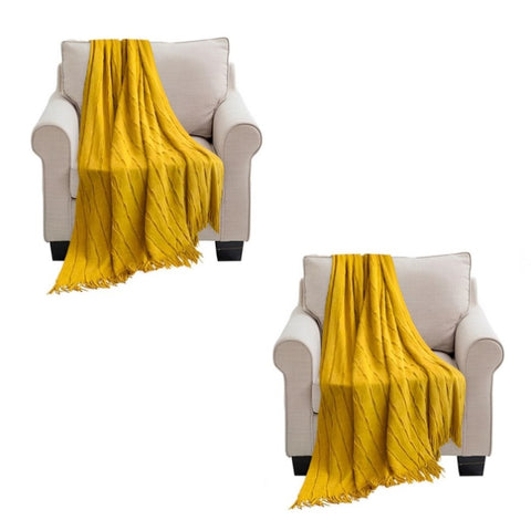 SOGA 2X Mustard Textured Knitted Throw Blanket Warm Cozy Woven Cover Couch Bed Sofa Home Decor with BLANKET925X2