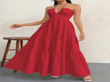 Redt XL Size Women's Elegant Halter Maxi Dress Summer Backless V-Neck Sleeveless Long Beach Resort V888-ELOSUNG41129