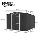 PlantCraft Galvanised Steel Garden Shed 2.58 x 3.13 x 2.02m, with 2 Sliding Doors, 4 Air Vents, V219-GSDSTLPC80GA
