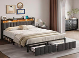 Double Bed Frame with 2 Storage Drawers and LED Lights Headboard, Upholstered Bed Frame with V1127-AU-2452DB-GRY