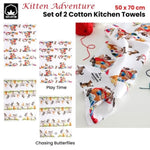 Ashdene Set of 2 Kitten Adventures Cotton Kitchen Tea Towels Chasing Butterflies V442-LDE-TEAT-SETOF2CHASINGBUTTERF-MULTI-RE