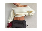 Women Off Shoulder Long Sleeve Pullover Sweater Top Trendy Boat Neck Soft Ribbed Knit Crop Sweater S V1366-AZ2-W-14627