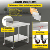VEVOR Stainless Steel Work Prep Table Kitchen Work Table 36x24in w/ 4 Casters V952-BXGYDGZ362435W02CV0