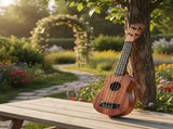 Mahogany color 17-inch Playable Ukulele Mini Guitar, lightweight and portable. Features comfortable V1102-KTZXJT001