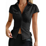 Women'S Y2k Short Sleeve Button Down Shirts Casual V Neck Button Up Top Slim Fit Going Out Blouse V1192-AZ-W-20793