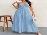Blue M Size Women's Elegant Halter Maxi Dress Summer Backless V-Neck Sleeveless Long Beach Resort V888-ELOSUNG41131