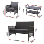 Gardeon 4PCS Outdoor Sofa Set Wicker Harp Chair Table Garden Furniture Grey ODF-RATTAN-HARP-GE-AB