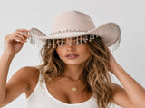 Western Cowboy Hat with Rhinestone Tassel Fringe - Beige Felt-Style Party Hat with Decorative Chain V888-ELOSUNG57118-3