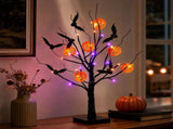 Halloween Tabletop Spooky Tree with LED Lights, 14" Black Artificial Twig Tree with Pumpkin & Bat V1366-AZ2-W-24728