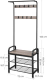 Greige and Black Steel Freestanding Coat Rack Stand with Removable Hooks, Bench and Shoe Rack, V178-11062