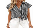 Womens Short Sleeve Shirts Plaid Button Down Blouse Casual Summer Business Gingham Work Tops Light V1366-AZ2-W-14408