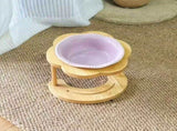 Ceramic Pet Feeder with Wood Stand Tilted Cat Bowl for Comfortable Eating, Anti-Tip DesignPearl V1385-FTCWW-ZM-006