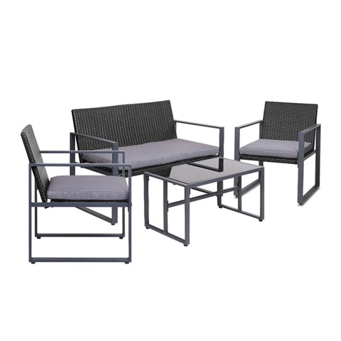 Gardeon 4 PCS Outdoor Sofa Set Rattan Furniture Glass Top Table Chairs Black ODF-4PCS-BST03-BK-AB