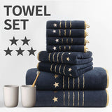 8-Piece Navy Blue Luxury Coral Fleece Bath Towel Set - Gold Star Embroidery Ultra Absorbent Soft V888-ELOSUNG55372