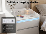 Artiss Bedside Table Nightstand with Charging Station 2 Drawers LED White FUR-S-BS-LED-WH