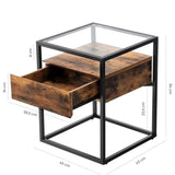 VASAGLE Side Table Tempered Glass End Table with Drawer and Shelf Rustic Brown and Black V227-9101402100317