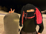 Women Girls 1-Hole Knit Hat Face Mask 3D Funny Bunny Ears Sweater Hat with Scarf Headwear-Winter V1192-AZ-W-10966