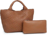 Woven Tote Bag for Women Soft Leather Handbag with Pocket V1263-JX-3498
