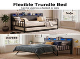 Artiss Bed Frame King Single LED Metal Trundle Daybed with Charging Station TURN MBED-D-TURN-KS-BK-ABC