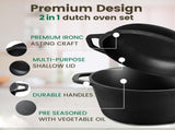 26cm 2-in-1 Cast Iron Dutch Oven & Skillet Set Pre-Seasoned Dual-Use Pot with Lid Fry Pan, Durable & V324-TSD-DUALPOT26CM