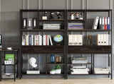 Metal Bookcase With Drawers, Dark Walnut & Black, 90x30x180cm, 6 Shelves LSB-59361