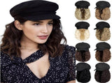 A newsboy hat with wavy curly hair extensions, suitable for women wearing hats with synthetic wigs V1366-AZ2-W-13411