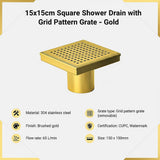 15x15cm Square Shower Drain with Grid Pattern Grate Brushed Gold 304SS, CUPC Certified with Hair V63-955611