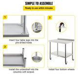 VEVOR Stainless Steel Prep Table, 30 x 24 x 35 Inch, 440lbs Load Capacity Heavy Duty Metal Worktable V952-BXGYDGZ302435N0U7V0