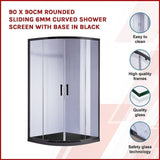 90 x 90cm Rounded Sliding 6mm Curved Shower Screen with Base in Black V63-830061
