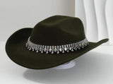 Rhinestone Cowboy Hat - Army Green Western Hat with Iridescent Gemstone Fringe Band, Wide Curved V888-ELOSUNG57116-4