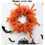 Halloween Pumpkin Wreath - 28cm Orange Mesh Door Decor with Mini Jack-o-Lanterns & Witch Print V888-ELOSUNG56816