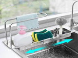Stainless Steel Sink Drying Rack Expandable Retractable Dish Drainer with Sponge Holder & V1366-AZ2-W-11863