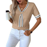 Women's knitted top, summer chic V-neck short sleeved sweater shirt, daily wear, blue M V1366-AZ2-W-14428